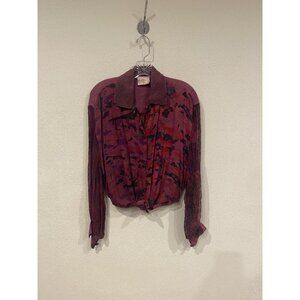 URU Blouse Womens One Size Purple Floral Sheer Pleated Collared Top Made In USA